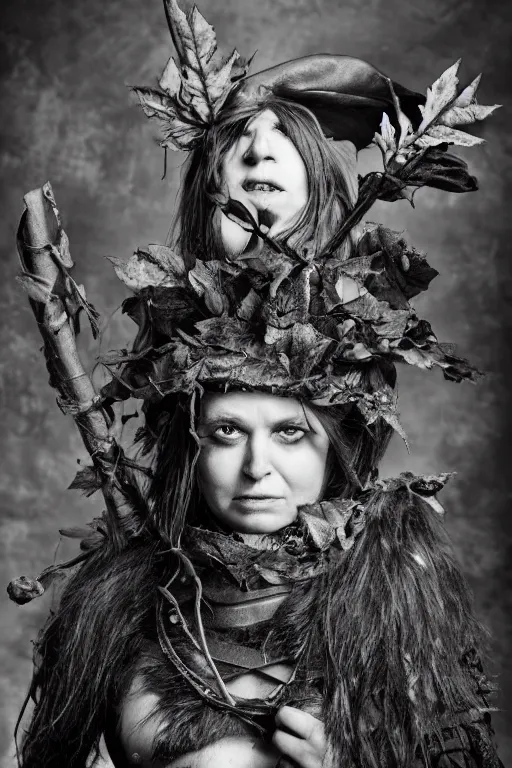 Prompt: a determined dnd deep gnome druid with leather clothing and leaves and sticks in her hair, photo by annie leibovitz b&w