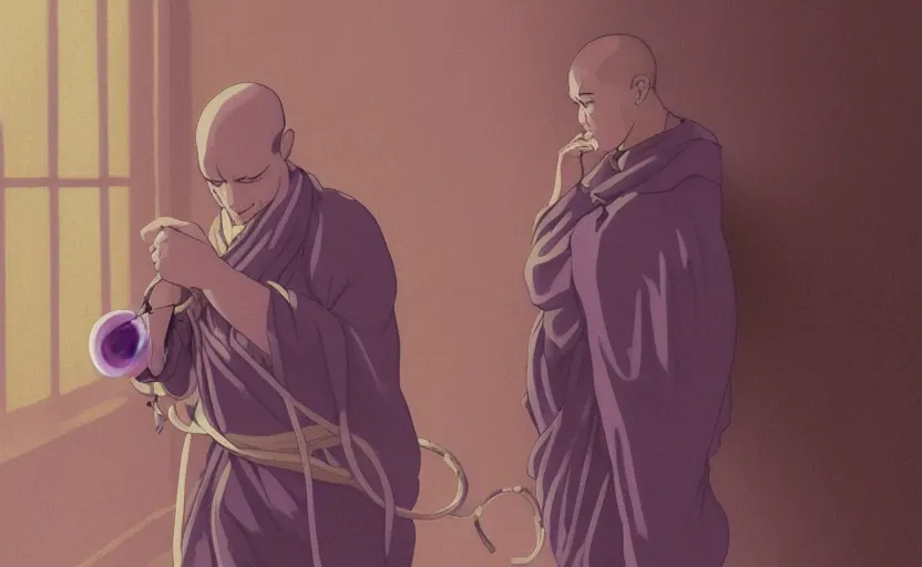 Prompt: a film still portrait of a mauve monk rocketing in a hallway cubic snake bubble, finely detailed features, closeup at the faces, chronenberg, perfect art, grimdark, trending on pixiv fanbox, painted by studio ghibli