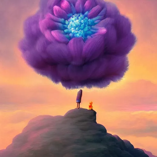 Image similar to giant flower head, frontal, woman standing on mountain, surreal photography, mist below, colorful clouds, impressionist painting, digital painting, artstation, rob gonsalves