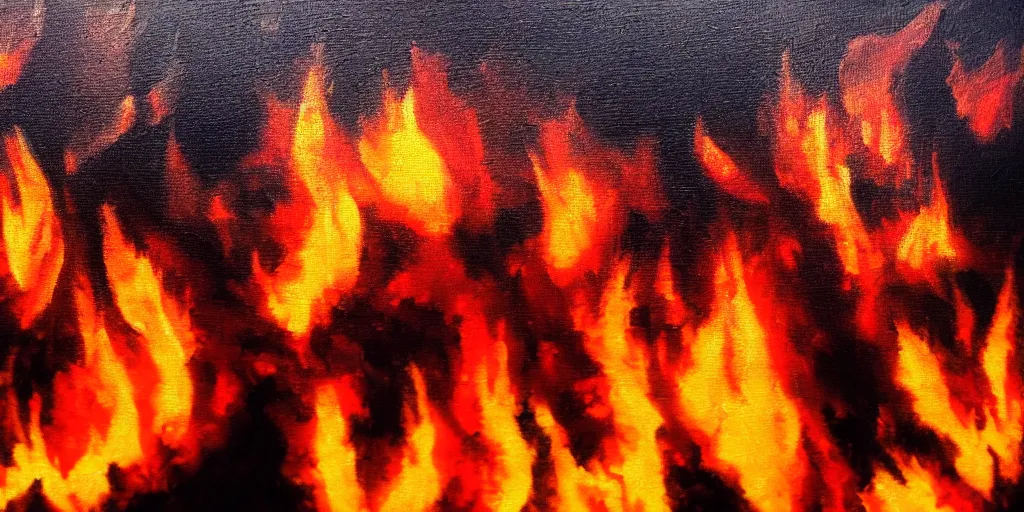 Prompt: San Francisco fire, large flames everywhere, wide shot, realistic, 8k, hd, macro detail, micro detail, oil on canvas