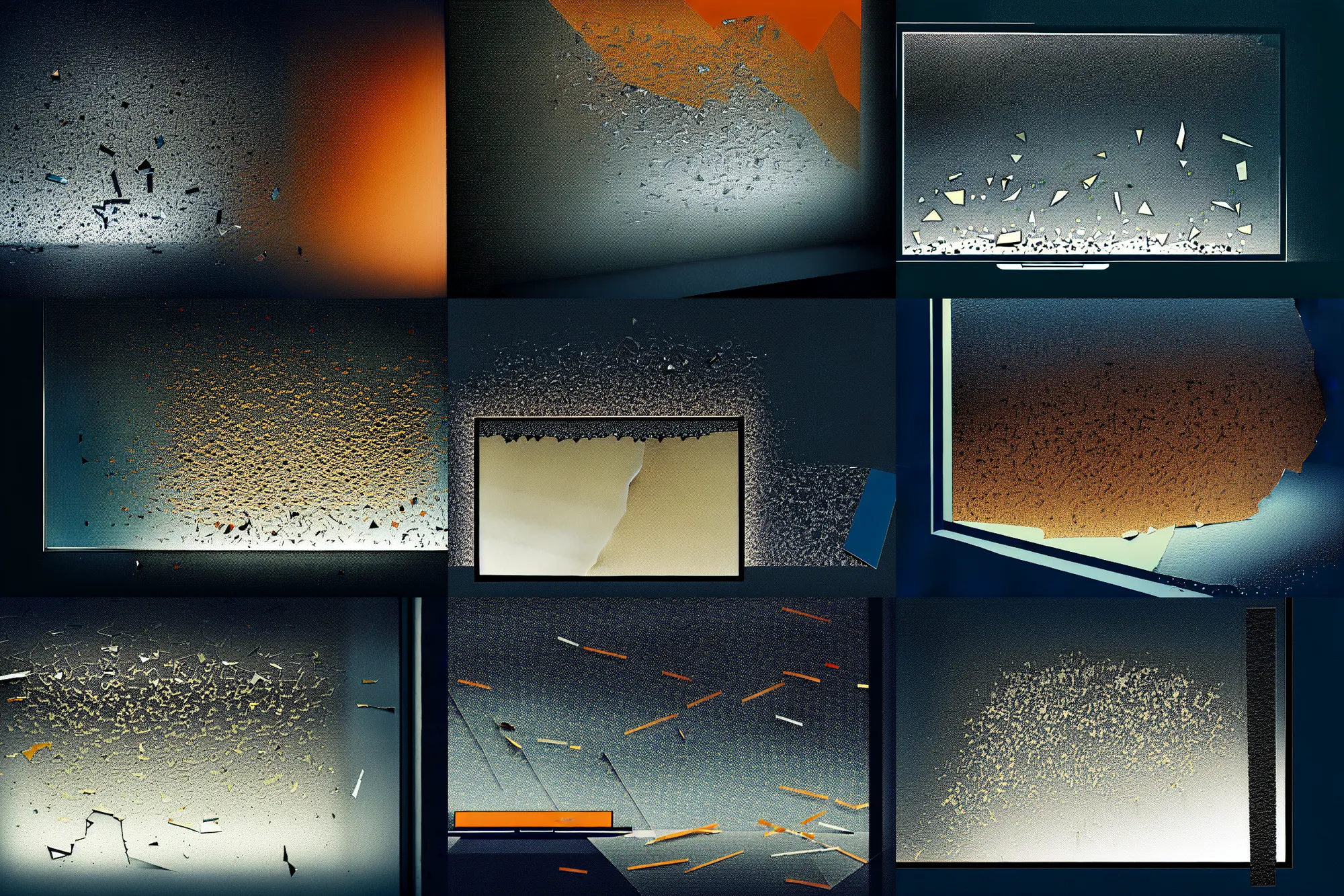 Prompt: editorial illustration by karolis strautniekas and mads berg, office interior, very small shattered glass shards covering a broken laptop display, near a window window, fog, fine texture, detailed, muted colors, dramatic lighting, dynamic composition, vivid, orange + dark blue + black + beige