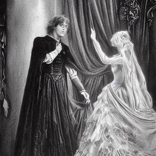 Prompt: realistic portrait charming beautiful painting from Cinderella film scene, when Cinderella become Bloody Mary dance with prince . Horror, created by Gustave Dore.