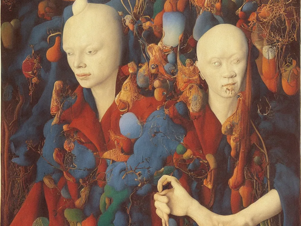 Image similar to Portrait of albino mystic with blue eyes, attaining the first Jhana. Painting by Jan van Eyck, Audubon, Rene Magritte, Agnes Pelton, Max Ernst, Walton Ford