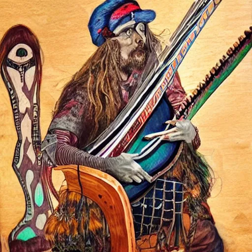 Prompt: Varg Virkenes as crazy bard, playing the nyckelharpa in his beautiful house, hyper detailed, hyper realistic, flavour of magick, full of earthly colours with some neon accents