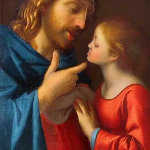 Image similar to an oil panting of a young jesus kissing maria maddalena