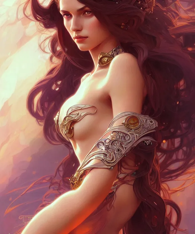 Image similar to fantasy magic woman portrait, sci-fi, amber eyes, face, long hair, fantasy, intricate, elegant, highly detailed, digital painting, artstation, concept art, smooth, sharp focus, illustration, art by artgerm and greg rutkowski and alphonse mucha