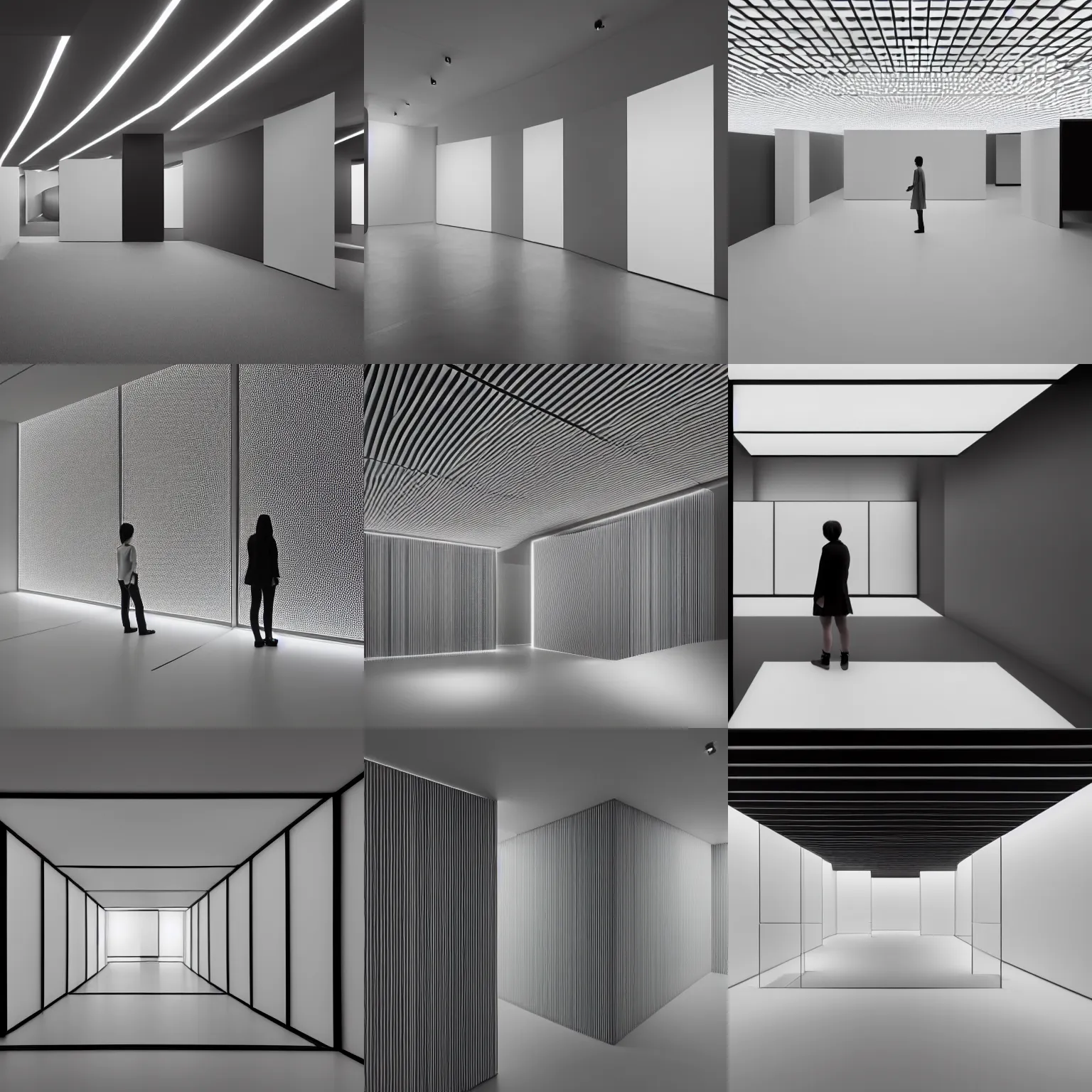 Prompt: the interior of a gallery for ai explorations of gender made of grayscale edge lit glass and small boxes, looking out into a 3 d colorspace. designed by ryusei ishida and nendo, cgsociety,