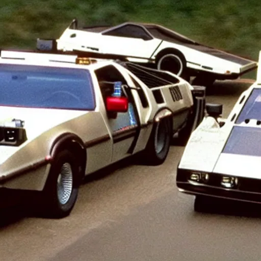 Prompt: a car race between KITT, ecto-1, A-Team van, and doc brown's Delorean