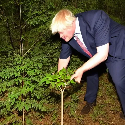 Prompt: Trail Cam footage of Boris Johnson Stealing a small tree sapling at nightime