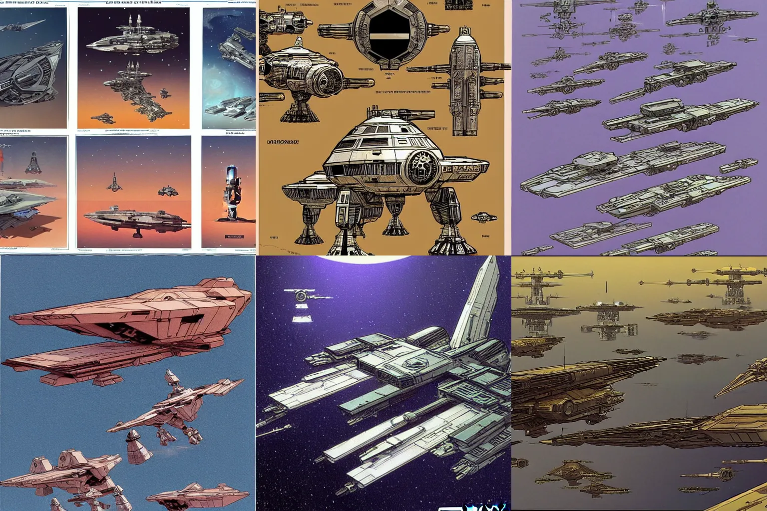 Prompt: Star Wars concept designs of ships and robots by Moebius