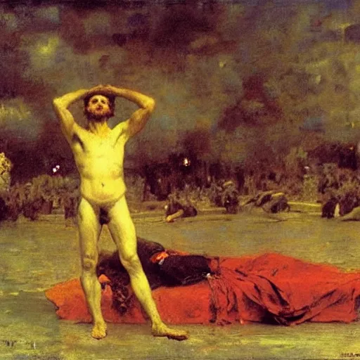 Image similar to the dream of the old tyrant, by ilya repin, oil on canvas, 1 8 8 3