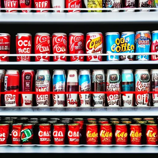 Image similar to a fridge full of coffee cups, coca colas and monsters cans