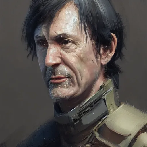 Image similar to Portrait of a man by Greg Rutkowski, he is about 60 years old, short black hair with bangs, his features are a mix between French, Turkish and Russian, dying, expression of epiphany and realization, he is wearing a futuristic tactical gear, highly detailed portrait, digital painting, artstation, concept art, smooth, sharp foccus ilustration, Artstation HQ.