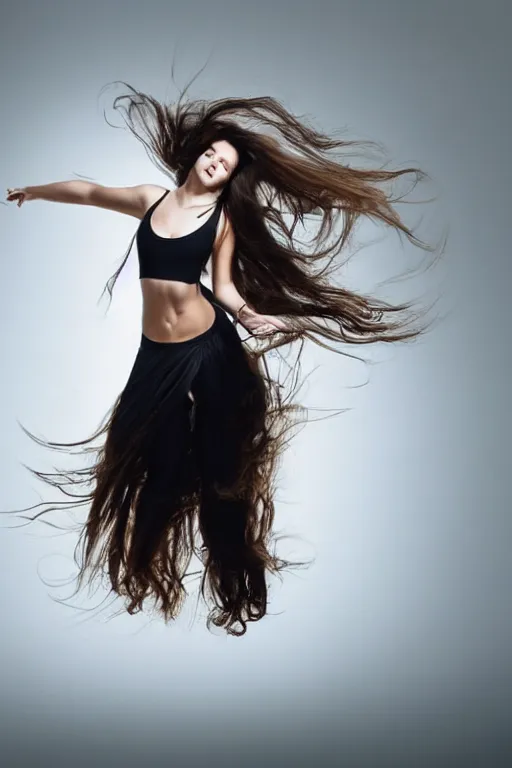 Image similar to a beautiful girl with long flowy hair, floating in thin air, black background