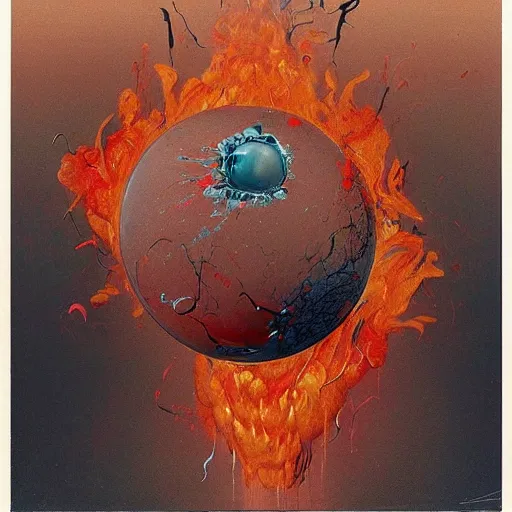 Image similar to a sphere being devoured by abstract splatters of paint in the style of francis bacon, venus being engulfed in flames in the style of james jean, surreal, beksinski, high detailed