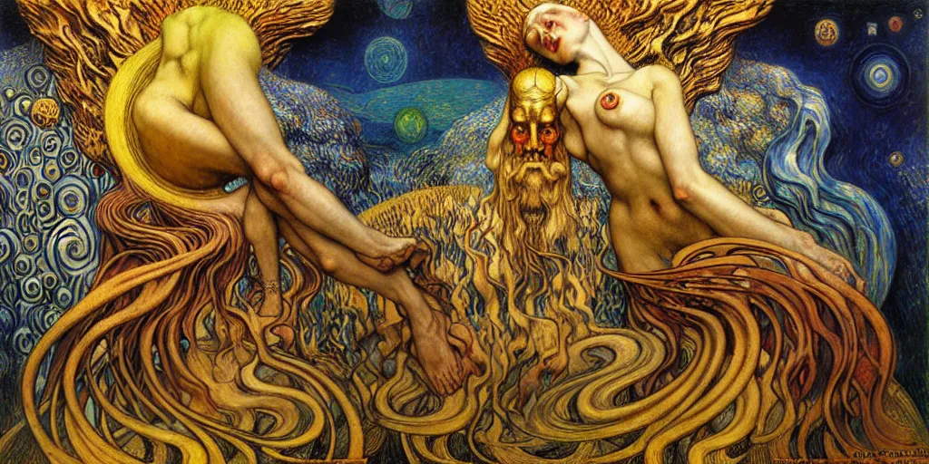 Image similar to Divine Chaos Engine by Karol Bak, Jean Delville, William Blake, Gustav Klimt, and Vincent Van Gogh, symbolist, visionary