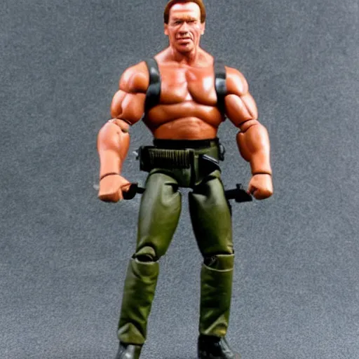 Image similar to a 12 inch action figure of Arnold Schwarzenegger from Commando. Big muscles. Holding an automatic rifle in his hands. Plastic shiny. Full body feet and head