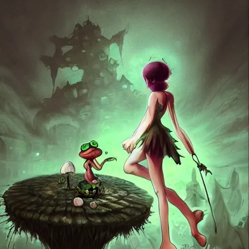 Image similar to A scary godlike fairy killing a frog. award winning. superb resolution. in the art style of junji Ito and greg rutkowski . Detailed Mushroom city in background. Hyper realistic anime. Perfect art. Dalle2