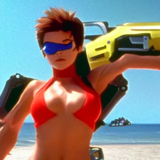 Image similar to a film still of overwatch's tracer in baywatch ( 1 9 8 9 )