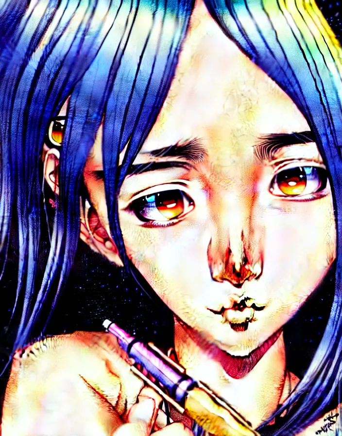 Image similar to extremely detailed color ink pen  illustration depicting an extreme close up face of a dainty young truant female stoner prep highschool school student with medium length silky straight iridescent black hair and lightly suntanned skin, illustrated by Artgerm and Range Murata.