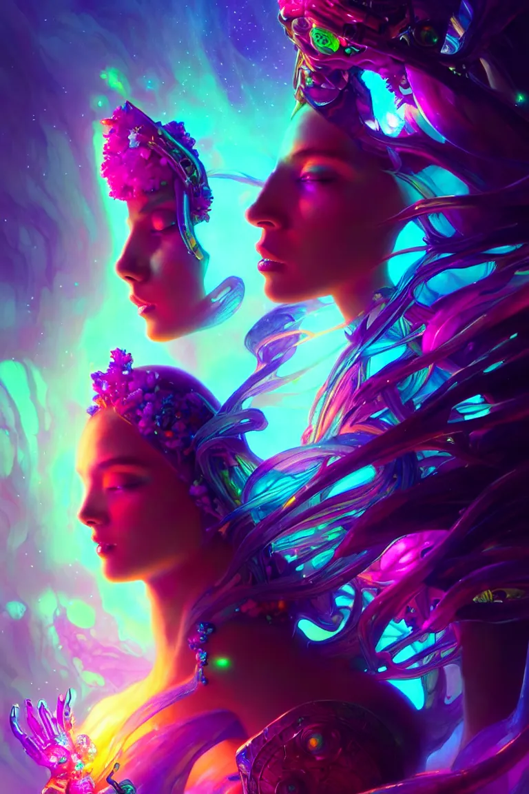 Image similar to epic scale cinematic full body chromaticity goddess character concept perfect focus closeup macro photography of a beautiful colorful crystals powder liquids, glowing fluorescent velvet neon blacklight hues and saturation, sacred dmt weed goddess visionary fantasy art by greg rutkowski android jones artgerm max chroma mucha rule of thirds golden ratio alien plants