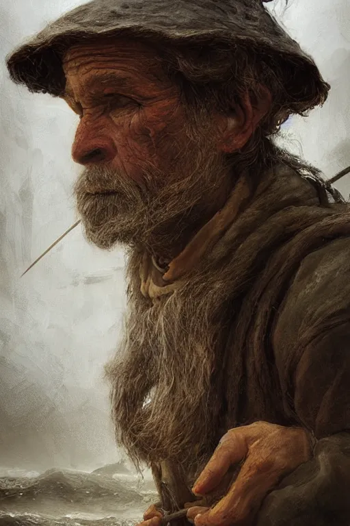 Image similar to medieval fisherman, close-up portrait, poor, intricate, elegant, volumetric lighting, scenery, digital painting, highly detailed, artstation, sharp focus, illustration, concept art,ruan jia, steve mccurry