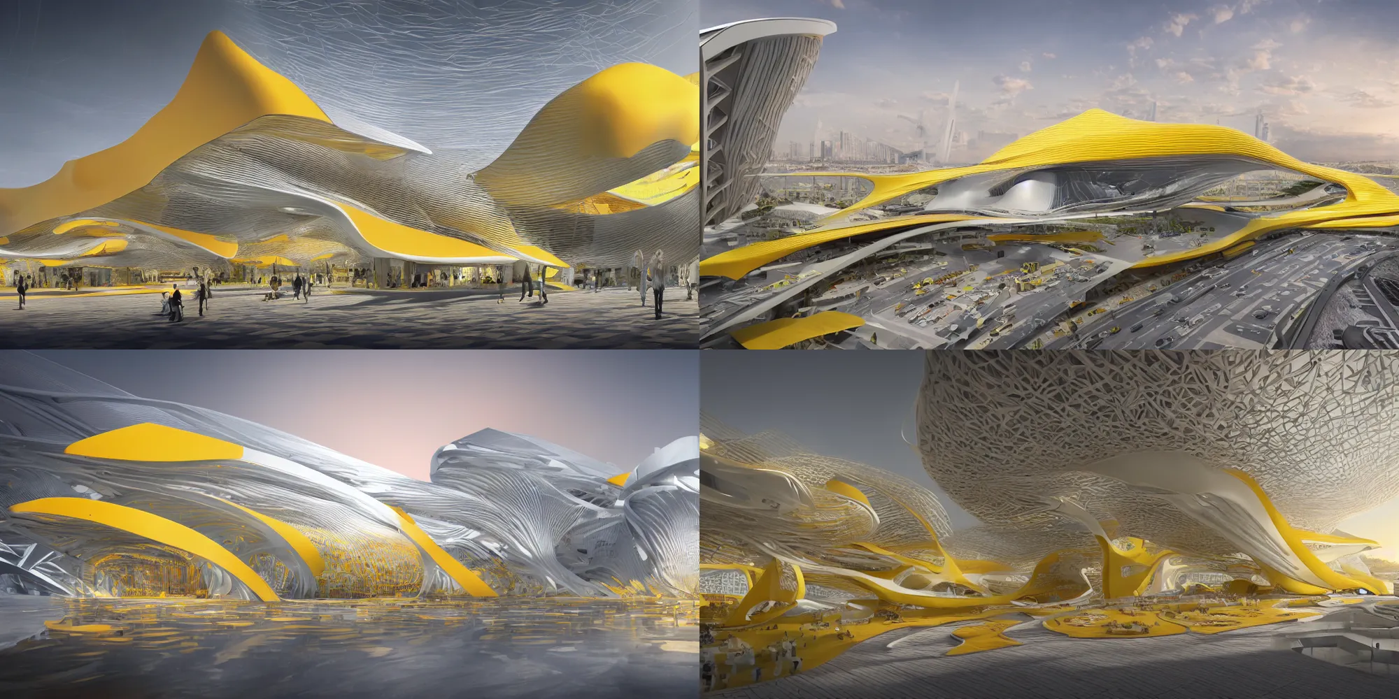 Prompt: a beautiful hyper realistic photograph, octane render, architectural render of utopia megaestrutura of arte deco, by norman foster + zaha hadid, extremely detailed, chartpak ad markers, pastel color, yellow and orange color scheme, 8 k,