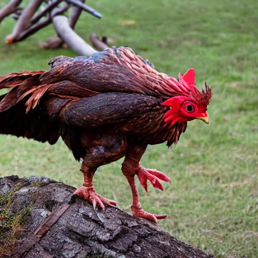 Image similar to a giant, brown war chicken with glowing red eyes and sharp claws