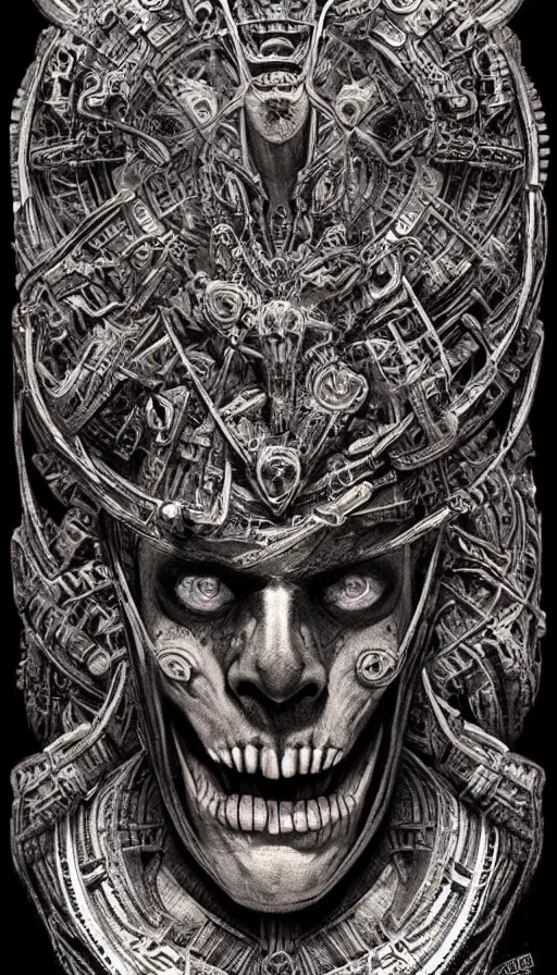 Prompt: immortal galactic emperor hybrid aztec fantasy beautiful angellic symmetrical human elven face skull mask tattoo pattern concept, teonanacatl glyph, intricate artwork by, Johnatan Wayshak, Zdizslaw Beksinski, face by Artgerm, H.R. Giger, very coherent artwork, cinematic, hyper realism, high detail, octane render, unreal engine, 8k, High contrast, higly detailed black ink outline, crosshatch sketch gradient