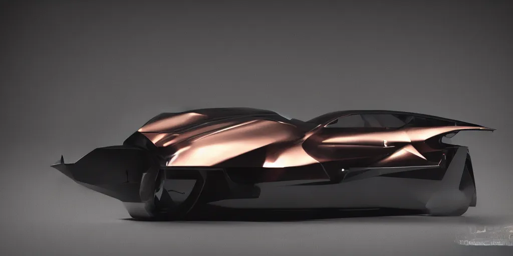 Image similar to a design of a futuristic Corvette C2 1969, designed by Polestar, blade runner background, stained antique copper car paint, black windows, dark show room, dramatic lighting, hyper realistic render, depth of field