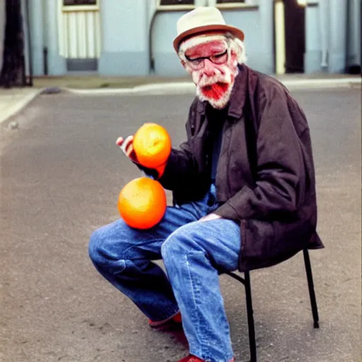 Image similar to photograph of hugh hopper on a street corner eating an orange holding a pepsi