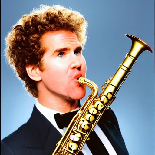 Prompt: will farrell wearing piano key necktie, 1 9 8 0 s, saxophone,