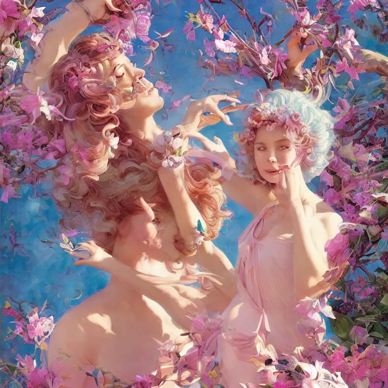 Prompt: harmony of swirly pink haired woman wearing baby blue greek clothes, muted colors, colorful flowers, tropical, sunlight filtering through skin, dynamic hair movement, dynamic pose, glowing butterflies, j. c leyendecker, by alan lee, wlop! illustrated by starember, fantasy art by craig mullins