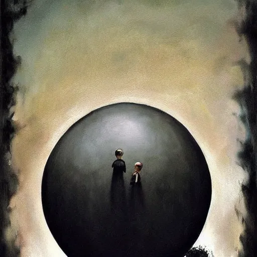 Prompt: an oil painting of a black balloon by esao andrews. circa survive album cover art. dark. muted colors. gothic. oil painting with brush strokes. creepy.