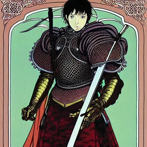 Image similar to prompt : portrait of knight painted in miyazaki color style drawn by katsuhiro otomo and takato yamamoto, inspired by fables, china doll face, smooth face feature, intricate oil painting, high detail, sharp high detail, manga and anime 2 0 0 0