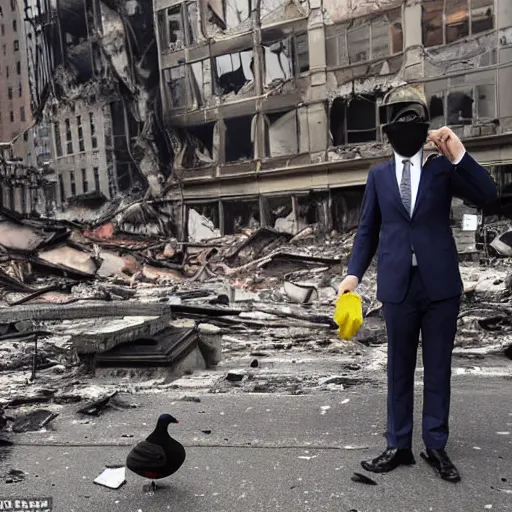 Image similar to man wearing a suit and a goose mask looking at an explosion in new york, ruined buildings, rubble, fire from hands