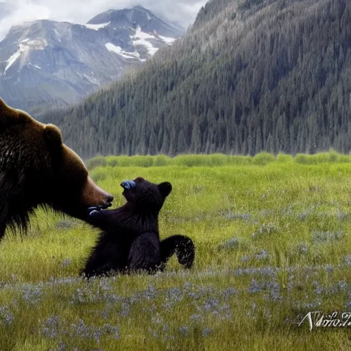 Image similar to realistic photo of a human - size black spider fighting a grizzly bear in a meadow