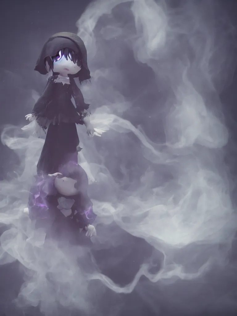 Image similar to cute fumo plush of a cursed frail witch girl held in the arms of a ghost, melting volumetric smoke and fog, environment map pbr reflective stormy water, goth, vignette, vray