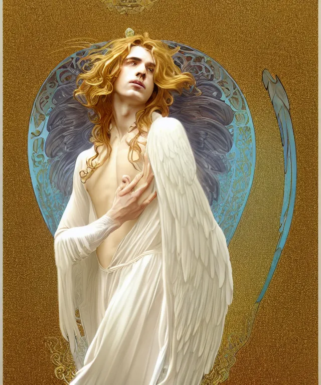 Image similar to fullbody symmetrical portrait of a beautiful young fit male angel with curly blond hairs, full dressed in long fluent clothes, majestic big dove wings, luminous halo, by greg rutkowski and alphonse mucha, gradient white to gold, in front of an iridescent background, highly detailed portrait, digital painting, artstation, concept art, smooth, sharp focus illustration