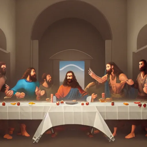 Image similar to professional physically based octane render of Wolverine as Jesus at the Last Supper, character concept art, epic composition, style of Marvel, 8k comic art, intricately detailed