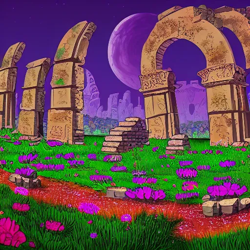 Image similar to ancient ruins covered with flowers, epic retrowave art, trending on art station