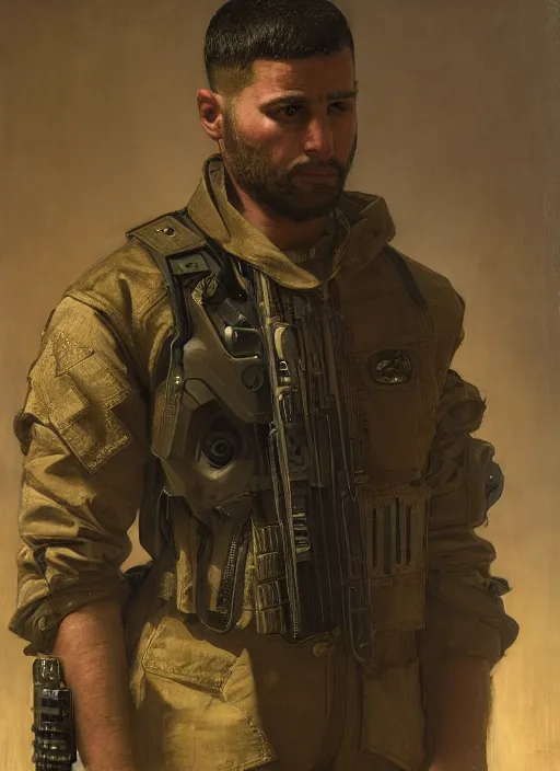 Image similar to arthur cyberpunk USN marine wearing a military vest and military jumpsuit (cyberpunk 2077, bladerunner 2049). Iranian orientalist portrait by john william waterhouse and Edwin Longsden Long and Theodore Ralli and Nasreddine Dinet, oil on canvas. Cinematic, hyper realism, realistic proportions, dramatic lighting, high detail 4k