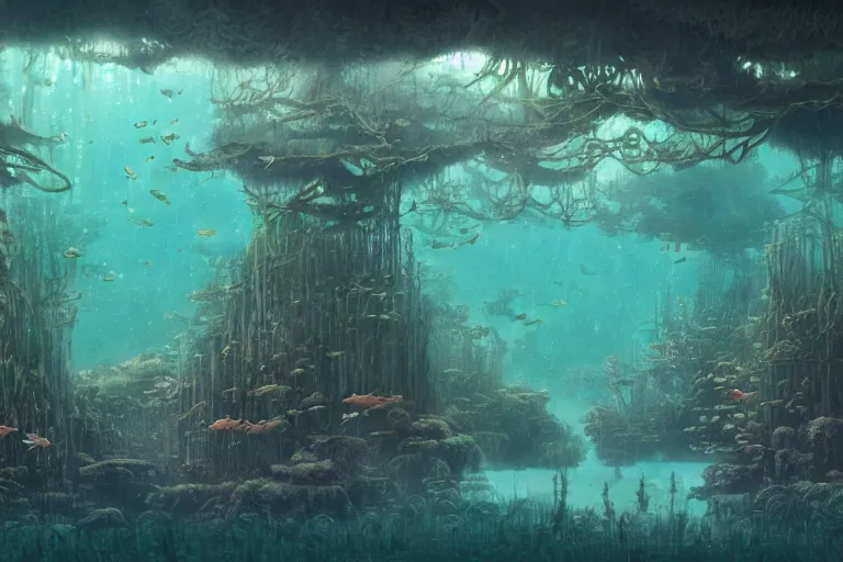 Image similar to Underwater forest ecosystem by Shaun Tan and Hiroshi Yoshida, trending on artstation