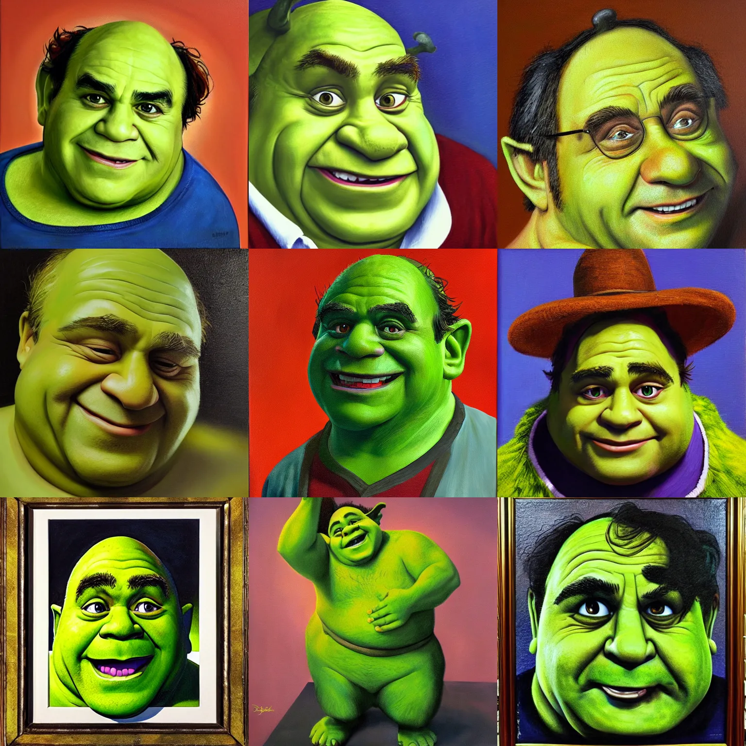 Prompt: portrait of danny devito as shrek, realistic oil painting