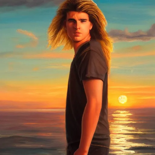 Image similar to a teen guy with a mullet, portrait, sunset, ocean in distance, oil painting, pale colors, high detail, 8 k, wide angle, trending on artstation,