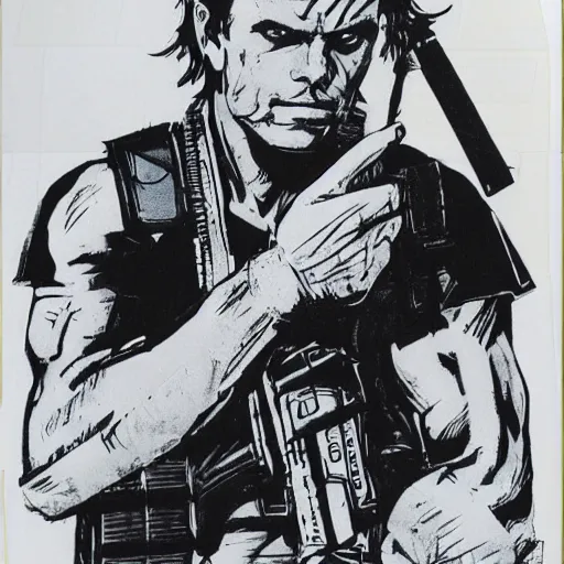 Prompt: michael biehn as solid snake, bandana, 1 9 8 7, 3 5 mm