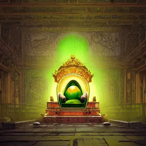Prompt: a green avocado armchair in the center of golden ancient temple, illuminated by narrow light beam , fantasy illustration, trending on artstation, deviantart, very realistic, 4k
