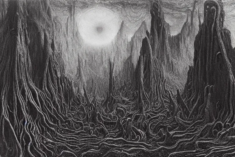 Prompt: lovecraftian landscape, another world, ruins, demonic jungles by Jean Delville