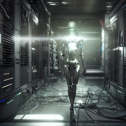 Prompt: high detailed industreal cyborg working in sci - fi server room. cinematic shot from alien isolation