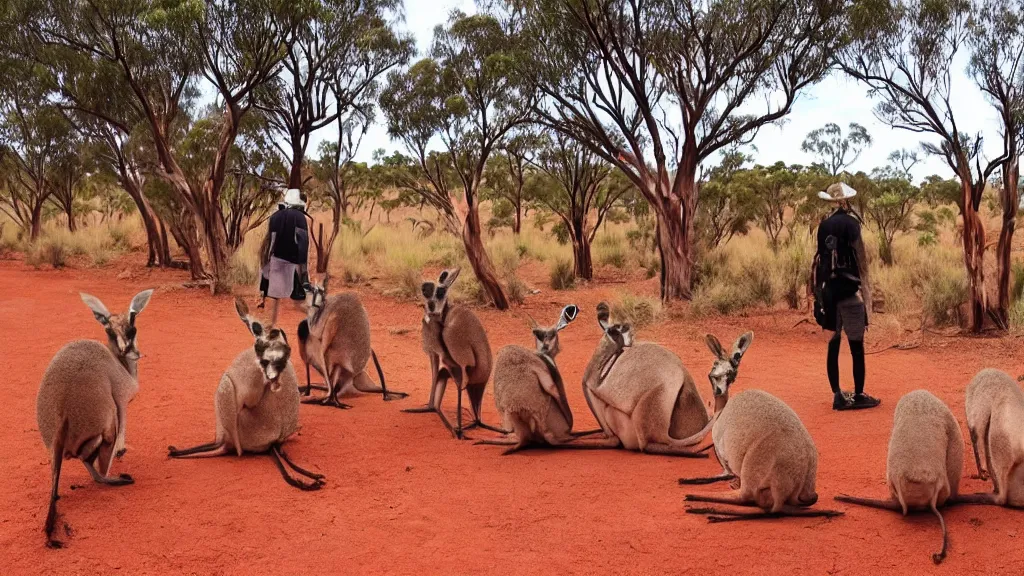 Image similar to australia, outback, uluru, kangaroos, anime style